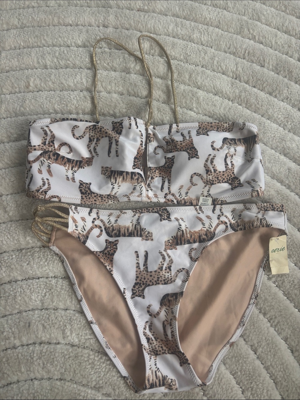 aerie White Leopard Print Bandeau Bikini with Gold Straps